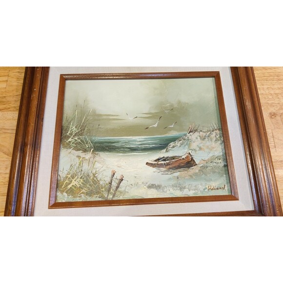 Framed Oil on Canvas Seascape Seagulls Boat Sand Dune Painting Signed Holland - Picture 2 of 5